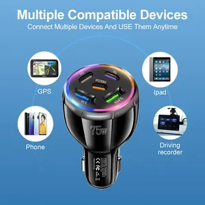อะแดปเตอร์ชาร์จในรถยนต์ 5 พอร์ต 75W รองรับ PD 30W ชาร์จเร็ว พร้อมไฟ RGB 3 พอร์ต Type C และ 2 พอร์ต USB A ปลอดภัยสำหรับ iPhone 17 16 Pro - Product Image 4