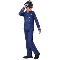 Uniforme de pilote pour enfants, Costume de capitaine de compagnie aérienne bleu foncé avec chapeau, boutons dorés, Costume professionnel pour jeu de rôle