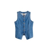 YUANBOFEI Gilet en jean sans manches pour femme, haute qualité, triple boutonnage, coupe ajustée, ourlet fendu, couleur unie, court