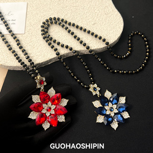 Guohaoshipin Floral Long Necklace Red Blue Crystal Pendant Party Sweater Chain - Product Image 1