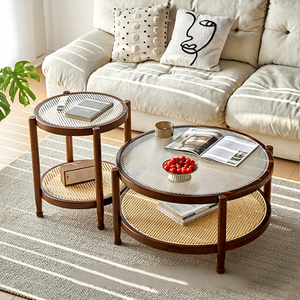 Modern Solid Wood Rattan Round <strong>Coffee</strong> <strong>Table</strong> with Rainbow Glass Top Minimalist Retro <strong>Walnut</strong> <strong>Coffee</strong> <strong>Table</strong> Living Room Furniture - Product Image 1
