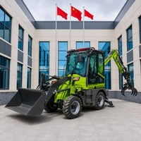 Chargeuse-pelleteuse de chantier avec godet de chargement frontal et flèche de terrassement arrière pour applications de terrassement et d'agrandissement des terrains