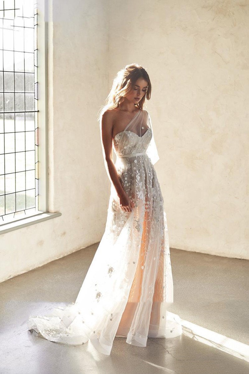 white christmas dresses Champagne One-Shoulder Mermaid Satin Long Dress – FancyVestido main image 1