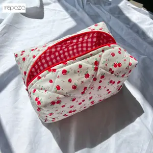 Large size toiletry bag custom small cherry print recycled quilted makeup organizer bag