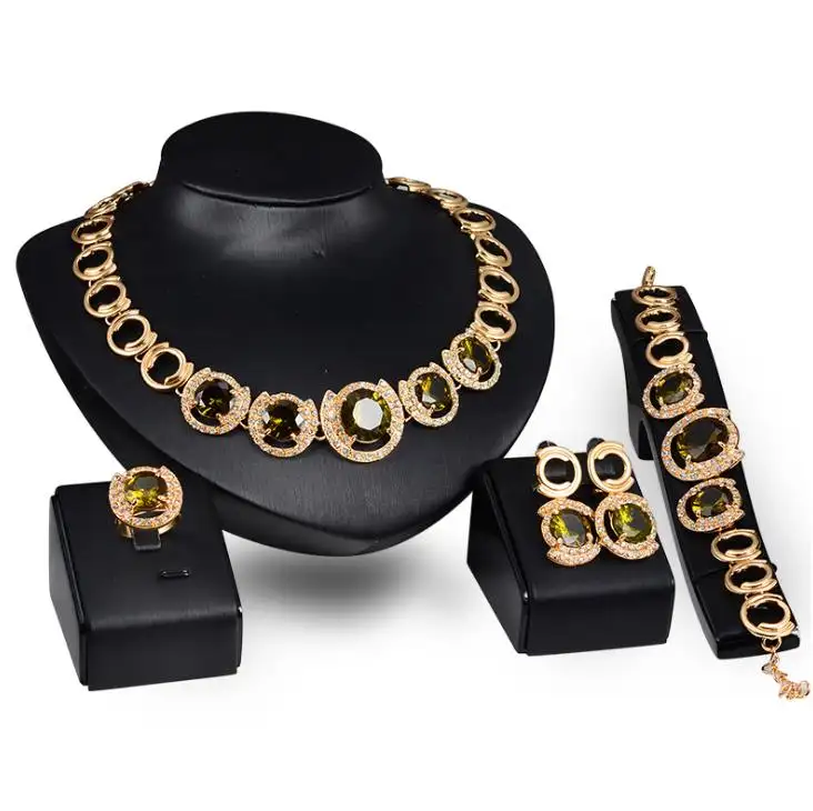 Ensemble de bijoux en Zircon cubique noir, collier, boucles d'oreilles, bracelet et bague, plaqué or africain, quatre pièces, X4077