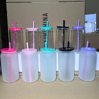 Verre à bière 16oz pour sublimation, transparent givré, avec couvercles en acrylique colorés et pailles colorées, couleurs assorties, en stock entrepôt USA