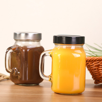 Pot en verre carré transparent de qualité alimentaire de 500 ml avec poignée et couvercle en métal pour jus, smoothie, boisson froide