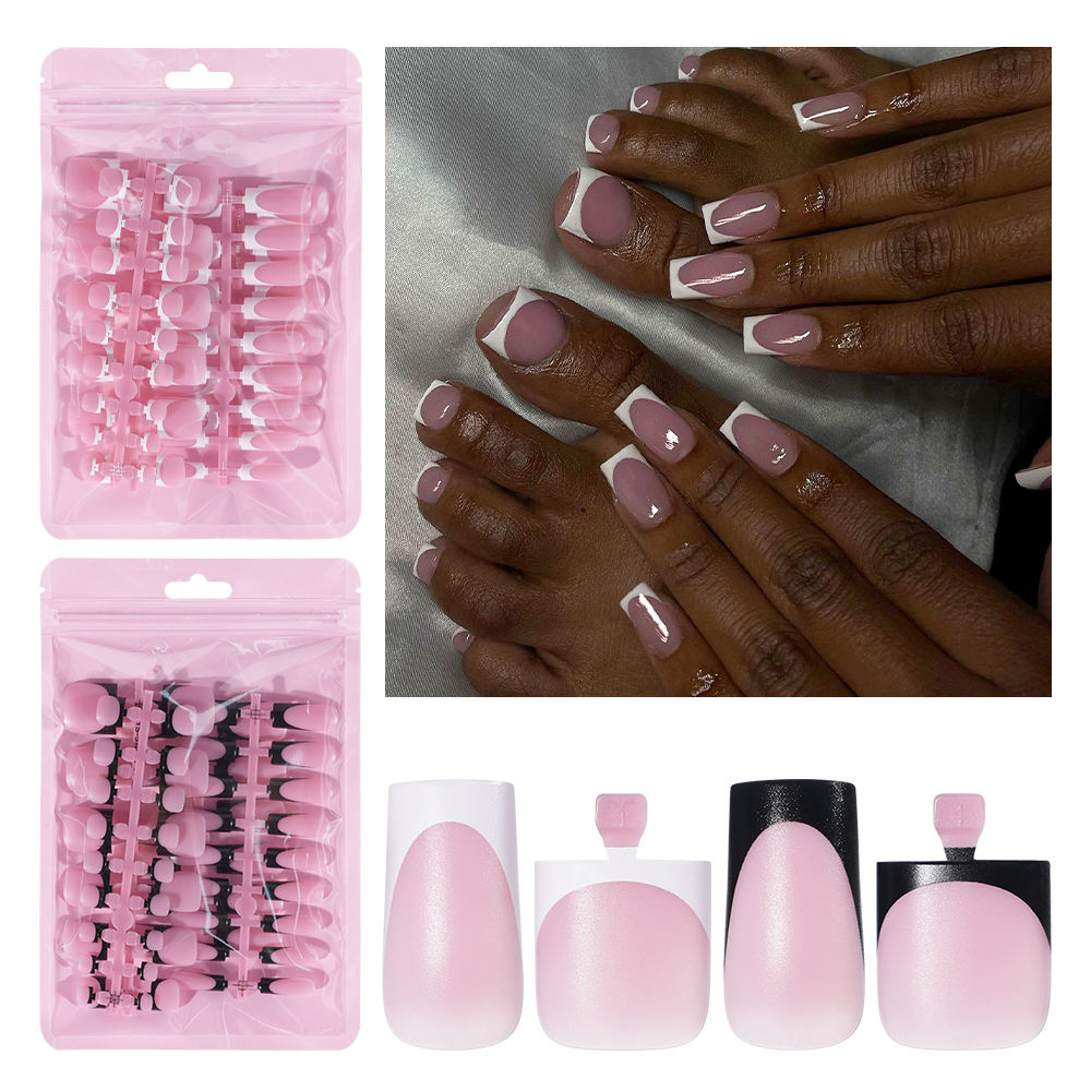 Factory Wholesale False French Toenails Hand Nails Set 60pcs French White Black Tips Square French Soft Press on Acrylic