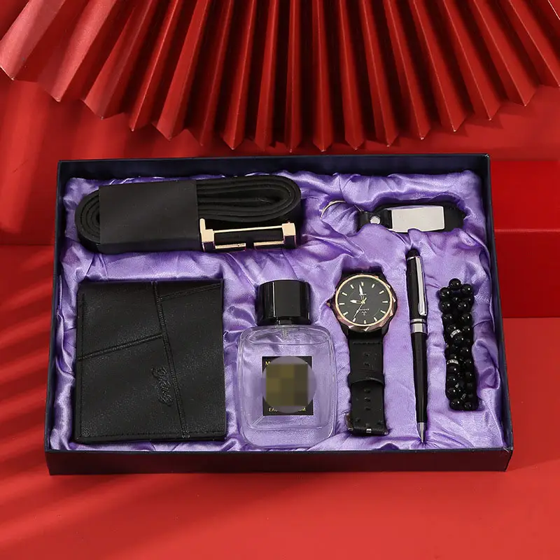 علبة ساعة هدية حزام + محفظة + عطر + حلقة رئيسية + القرص ساعة كوارتز + القلم + سوار 7 قطعة/المجموعة