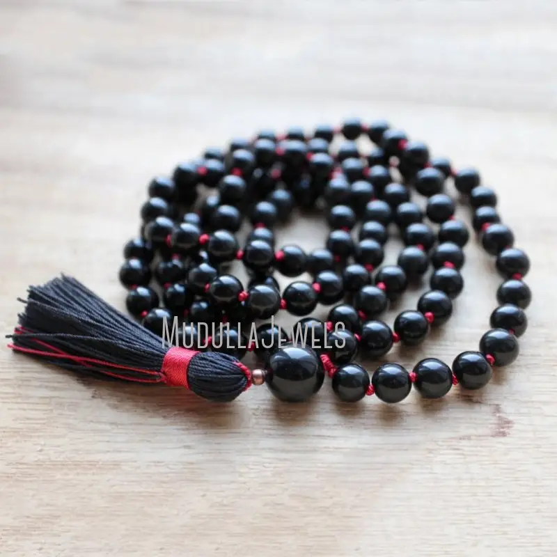 MN36771 Hand Mala Necklace And Pendant Black Agate Necklace Black Knotted Obsidian Mala Necklace 108 Beads With Tassel