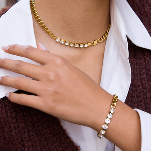 Conjunto de collar de cadena cubana de acero inoxidable con diamantes de imitación para mujer, joyería para fiestas - Product Image 3