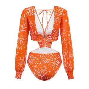 2024 nouveau Orange corail maillot de bain translucide Tulle à manches longues taille ouverte à manches longues natation femme à manches longues jupe maillot de bain