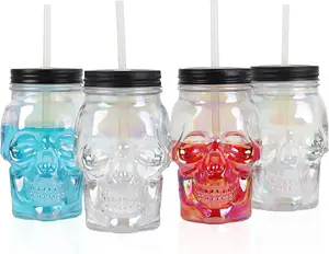 Halloween-Dekoration Galvani sieren Irides cence Glass Skull Shape Cup mit schwarzem Metall deckel und Plastiks troh