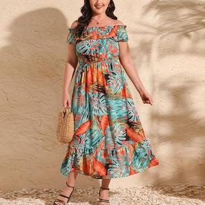 All'ingrosso personalizzato svasato manica corta a fascia Casual estate stampa tropicale taglie forti stile donna abiti Maxi stile hawaiano - Product Image 4