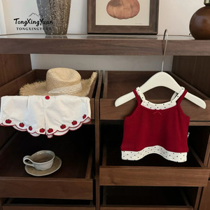 Tongxingyuan Baby Girls Two Piece Set Red Top White Shorts With Apple Design Breathable Summer Outfit - Product Image 1