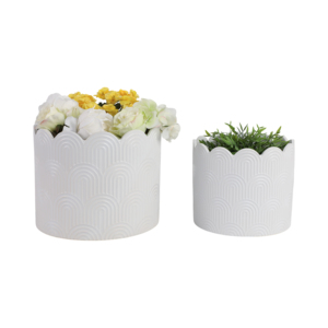 Vasi in ceramica per piante da interno ed esterno, per succulente, erbe aromatiche, orchidee, decorativi, bianchi, con bordo a conchiglia, set di due. - Product Image 2