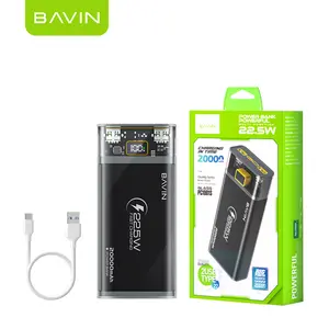 BAVIN 도매 사용자 정의 로고 휴대용 LED 디스플레이 Powerbank PD 22.5W 빠른 충전 20000mah 전원 은행 투명 커버