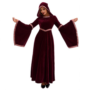 Halloween Medieval Style Dress Adult Women Stage Performance <b>Costume</b> Long Sleeve Hooded 80% Polyester Velvet Party Events - Product Image 1