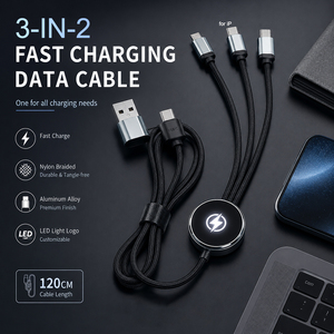 <span class=keywords><strong>Chargeur</strong></span> multi-téléphone personnalisé à lumière LED, charge rapide, nylon universel, USB PD 3, <span class=keywords><strong>5</strong></span> en 1, câble avec logo lumineux pour cadeaux promotionnels - Product Image 2