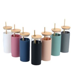 Vaso de Vidrio Ecológico de 500 ml con Logotipo Personalizado, Apto para Lavavajillas, para Camping, con Funda de Silicona y Tapa de Bambú, Diseño Moderno y Elegante - Product Image 2