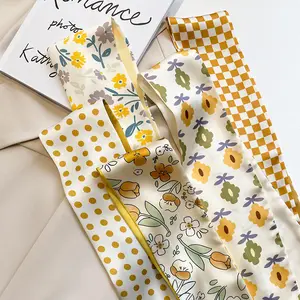 Spring Sweet Yellow Flower Tulip Sunflower Printed Scarf Hairband Women Floral Hair Ribbon Ties Accessories