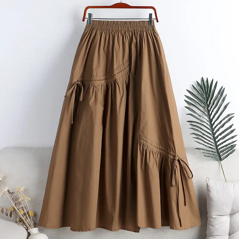 2023 New Women Spring And Summer Solid Color Elastic Waist Mid Length Temperament Patchwork A-line Mid-calf Skirt