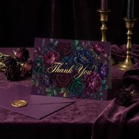Cartes de remerciement personnalisées en or rose gaufré violet foncé, style gothique, pour mariage, emballage cadeau de luxe romantique, cartes de vœux en gros