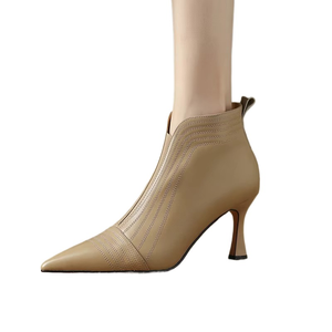 Cialisa, <span class=keywords><strong>botines</strong></span> elegantes de cuero genuino Beige maduro <span class=keywords><strong>para</strong></span> <span class=keywords><strong>mujer</strong></span>, botas negras cortas con cremallera ligera <span class=keywords><strong>para</strong></span> otoño e invierno, tacones altos - Product Image 2