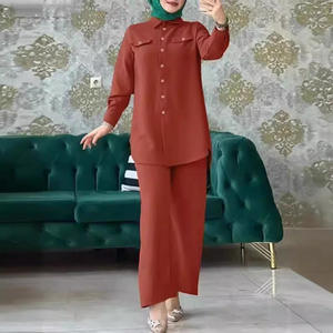 Ensemble décontracté pour femmes musulmanes, chemise à col rabattu à manches longues avec poches + pantalon large, ensemble deux pièces pour femme printemps été - Product Image 4