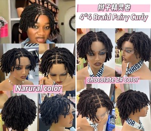 Perruques courtes en cheveux humains tressées 4x4 Lace Front Dreadlocs FH, 11 pouces, bouclées style fée, en deux couleurs - Product Image 2
