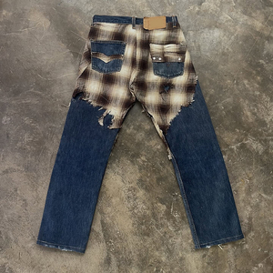 Jean baggy en coton à <span class=keywords><strong>carreaux</strong></span> pour <span class=keywords><strong>homme</strong></span>, patchwork, effet vieilli, denim reworké, avec applique numéro personnalisé, style streetwear - Product Image 2