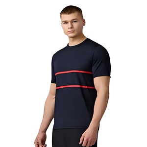 Camiseta de Manga Corta Azul Marino para Hombre con Patrón Rojo, Cuello Redondo, Tejido de Punto, Corte Regular, Estilo Casual - Product Image 1