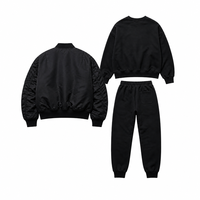 Ensemble survêtement bomber noir en nylon personnalisé avec fermeture éclair métallique et bordure côtelée, coupe oversize, trois pièces, OEM, vente en gros