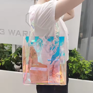 Sac fourre-tout en PVC épais avec logo personnalisé et poignée en nylon, design irisé holographique laser à la mode - Product Image 4