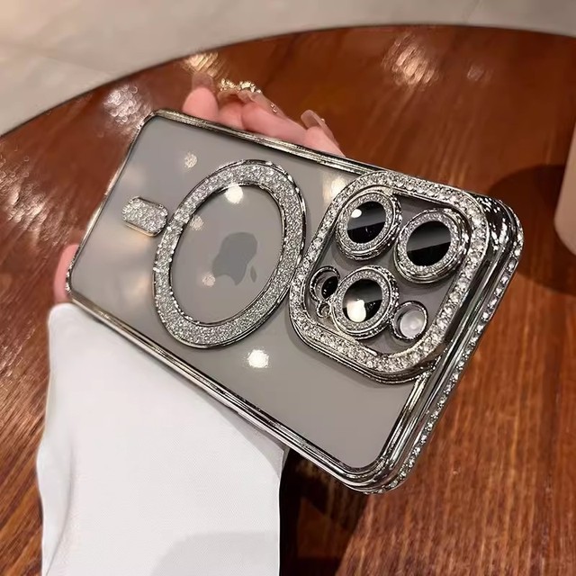 New Luxury Plating Diamond Frame Magnetic Phone Case for iPhone 17 Pro Max 13 12 11 14 Sparkling Glitter Shockproof Back Cover