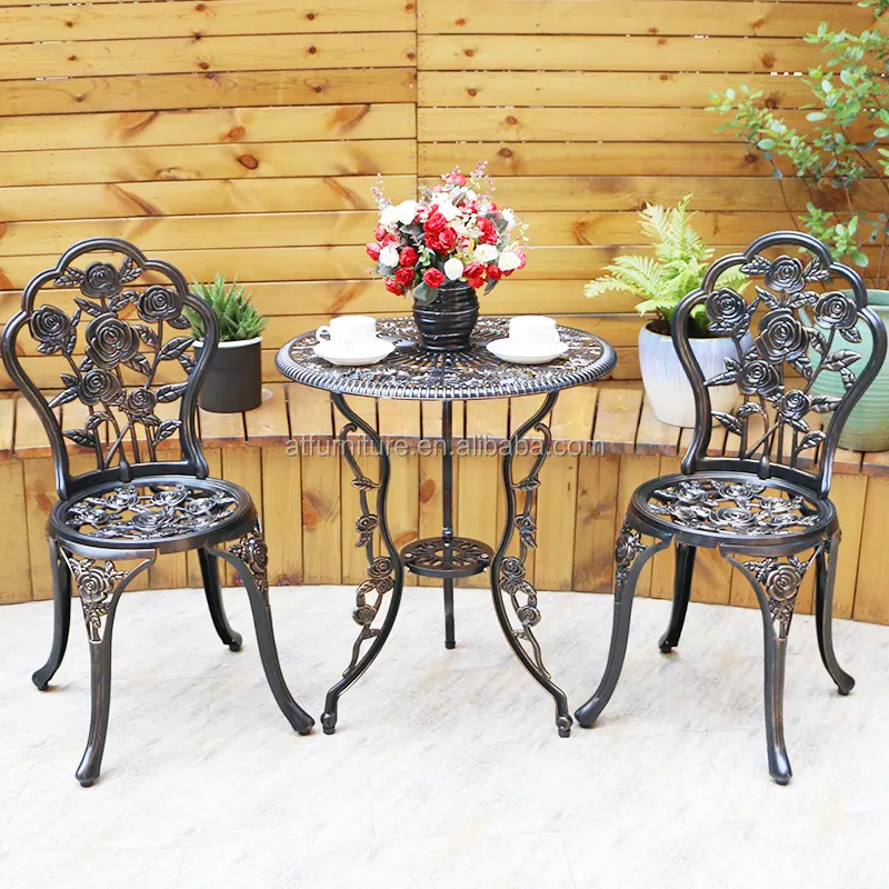 Wholesale Rose Cast Aluminum Outdoor 3-Pieces Vintage Bistro Furniture Patio Metal Garden Table Chair Set