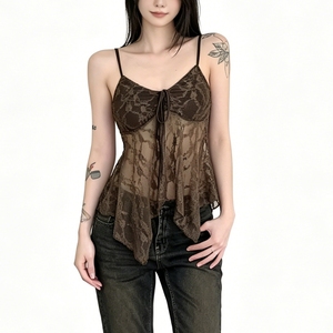 Camisola de encaje transparente para mujer con tirantes finos, lazo frontal y bajo asimétrico, estilo babydoll, de Sehe Fashion - Product Image 6