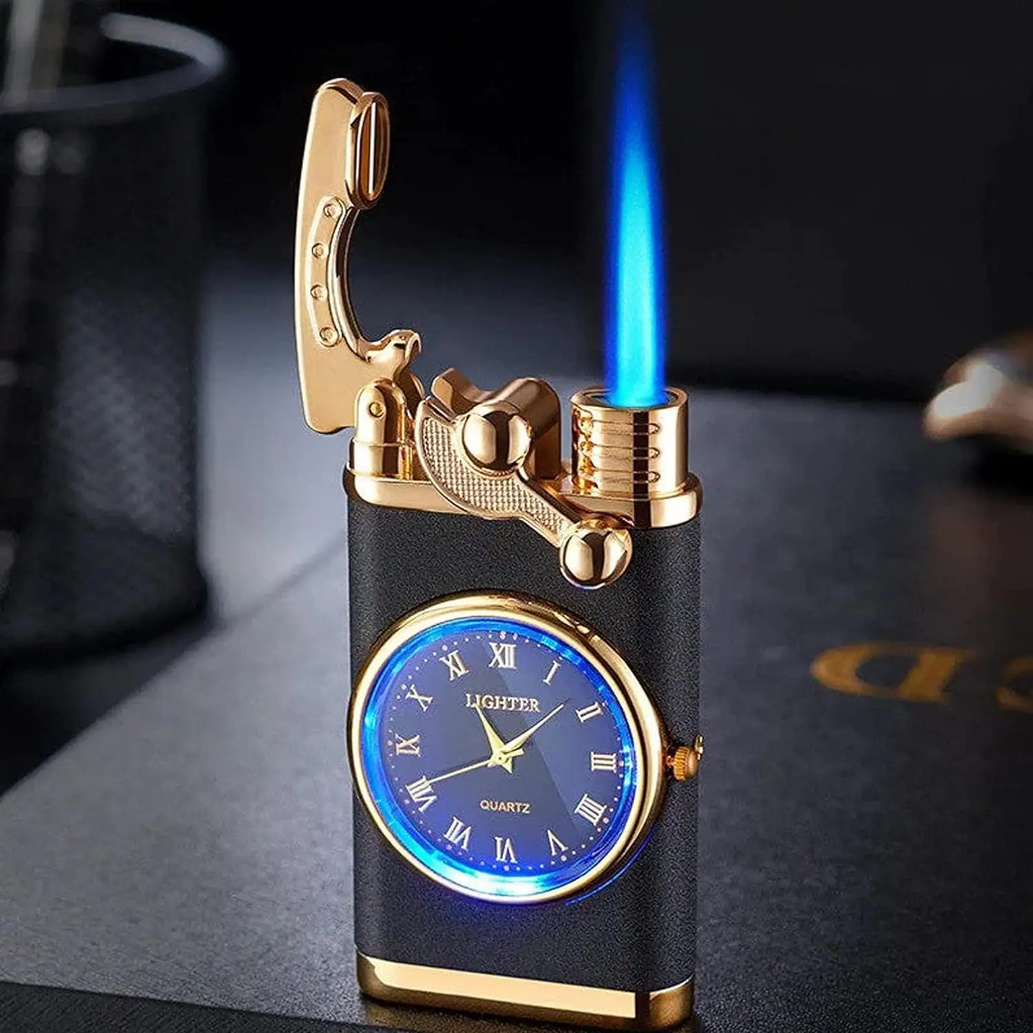 Cool Windproof Lighter with Electric Watch, Creative Dial Rocker Arm Refillable Butane Torch with Adjustable Flame