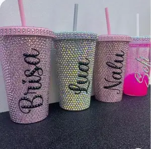 17oz botol air Glitter berlian Bling, Tumbler baja tahan karat berlian imitasi gelas Bling terisolasi dengan sedotan