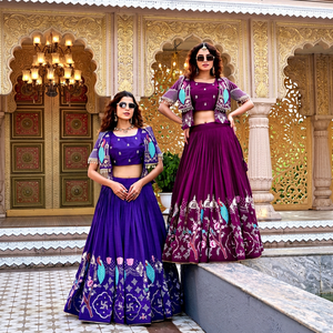 Wholesale Designer Lehenga Choli Set with Koti <b>Jacket</b> Heavy Embroidery Peacock Printed Chaniya Choli for Navratri & <b>Wedding</b> Wear - Product Image 1