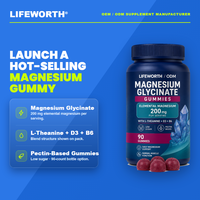 LIFEWORTH Gummies de glycinate de magnésium à marque privée 200mg Magnésium élémentaire L-Théanine D3 B6 à base de pectine 90 Gummies Sommeil GMP
