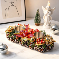 Tempat Lilin Plastik Dekoratif Natal Ukuran 5.11in 3 Bunga Poinsettia Merah Pita Cabang Pinus Emas Buah Pinus