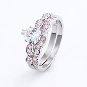 Anillos de Compromiso y Matrimonio de Plata de Ley S925 con Circonita Cúbica Rosa y Transparente en Corte Corazón Brillante para Parejas - Product Image 1