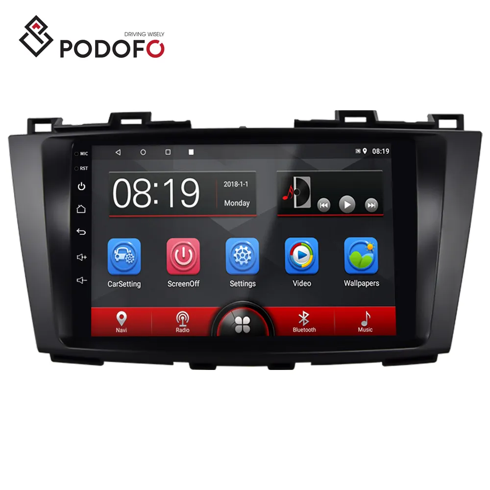 Podofo กระจกนิรภัยติดรถยนต์9 ",เครื่องเล่นติดรถยนต์กระจกนิรภัยติดรถยนต์ระบบแอนดรอยด์10 HD 2.5D 1 + 16G GPS Audio WIFI สำหรับ Mazda 5 2013 2014 2015 2016 2017
