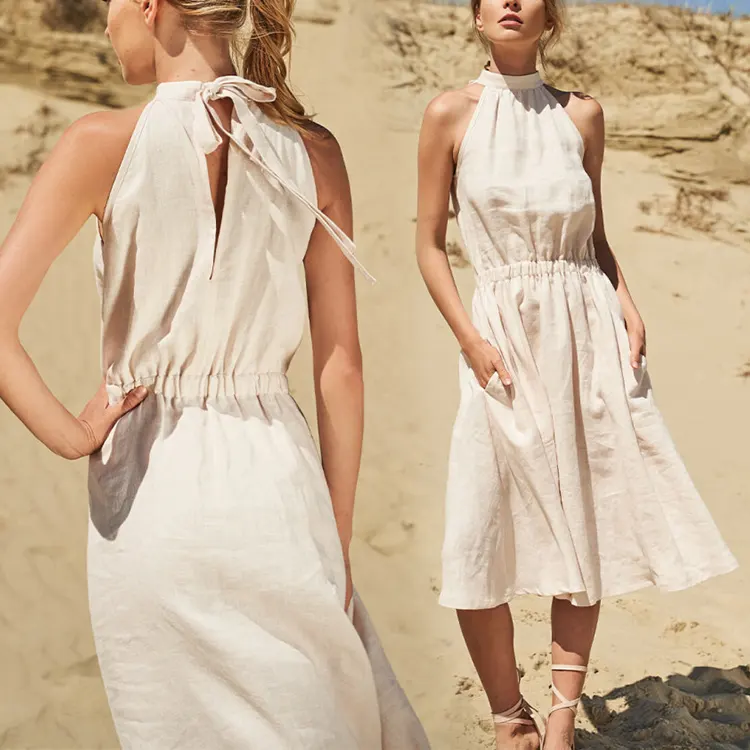 Summer sundresses women custom cutout cotton midi dress wholesale casual beach elegant linen dress