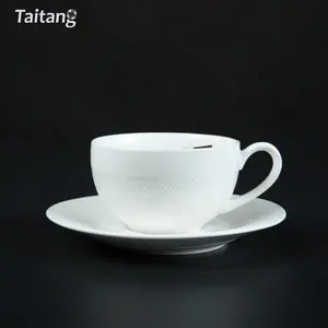 Embossed Tea Cup Saucer Set Restaurant Hotel Elegant White Tea Cup Porcelain