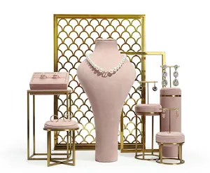 粉色天鹅绒珠宝展示套装超级纤维金属底座珠宝架可调金属框架珠宝展示