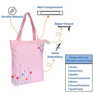 Best Selling Blush Bloom Embroidered Tote Bag Cotton Canvas Floral Design Stylish Reusable Shopping Bag Available For Sale - Product Image 2