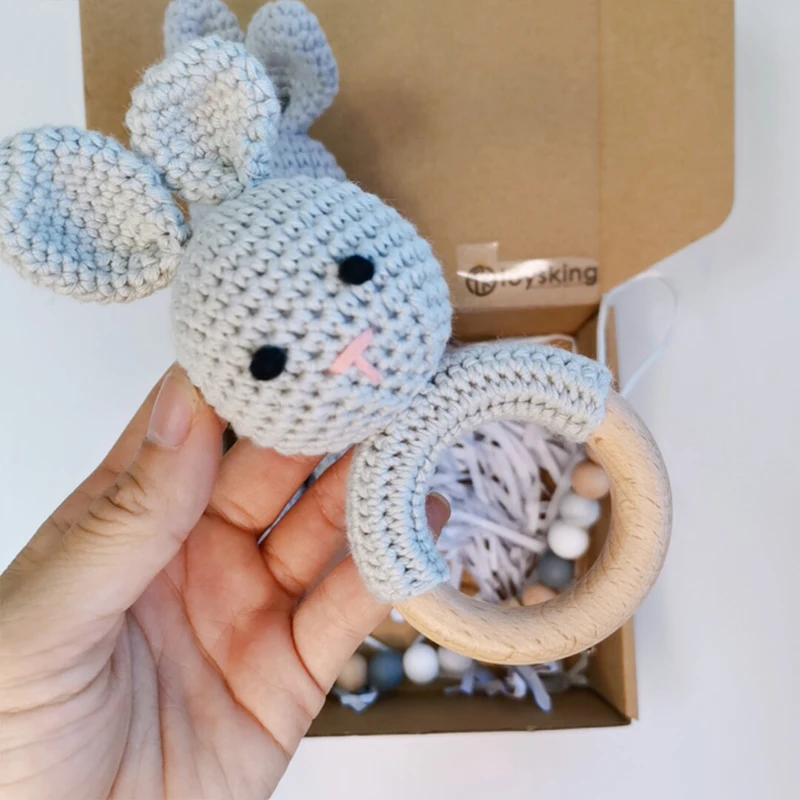 Wooden Baby Rattle Lovely Crochet Bunny Ring Rattle Baby Toys, Grey Bunny