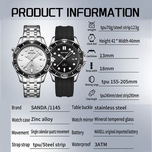 Reloj Deportivo de Cuarzo para Hombre Sanda 1145, Correa de Acero Inoxidable y TPU, Esfera de 46 mm, Resistente al Agua 3ATM, Pantalla Analógica - Product Image 4